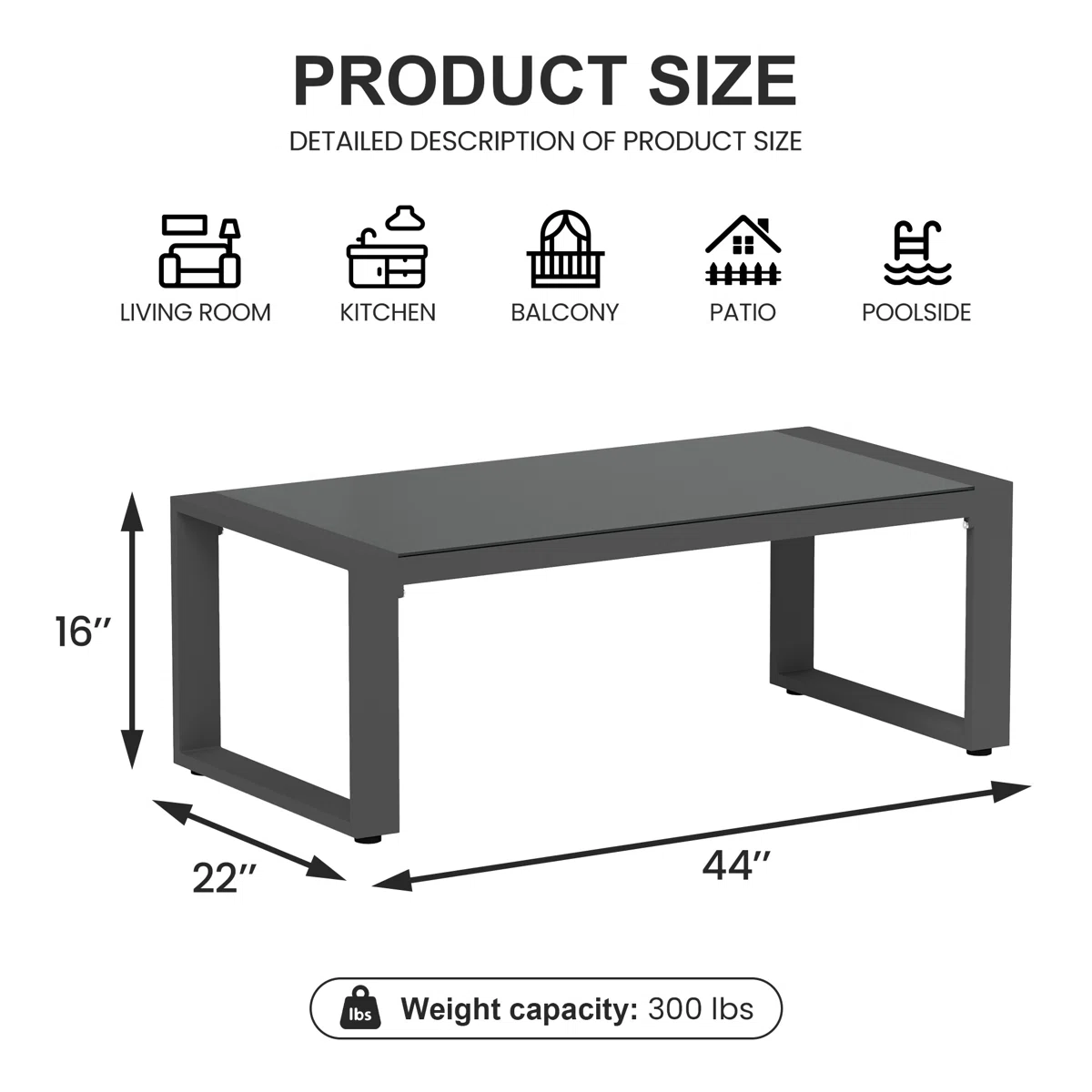 Weatherproof Rectangular Aluminum Outdoor Coffee Table - Durable Metal Frame, 44" W x 22" D - Image 3
