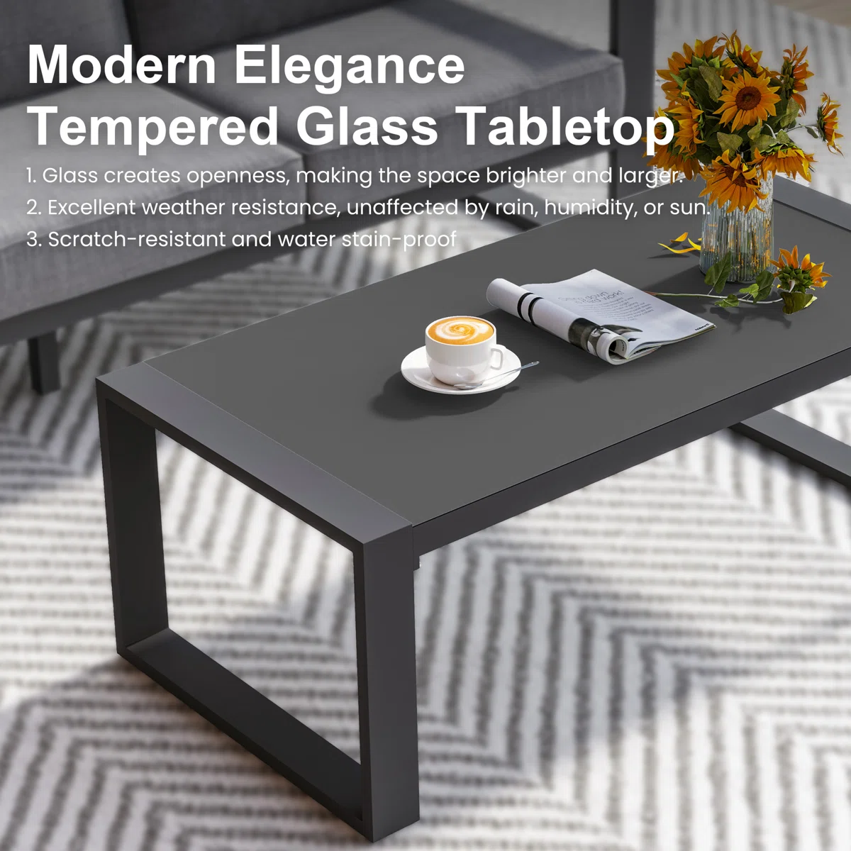 Weatherproof Rectangular Aluminum Outdoor Coffee Table - Durable Metal Frame, 44" W x 22" D - Image 5